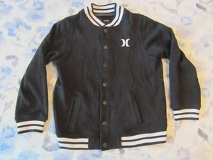 Kids Boys LARGE - HURLEY Varsity Jacket snap up COAT, Black White embroidered - Picture 1 of 7