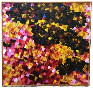 Pintura impresionista abstracta grande, lienzo, C Duke, década de 1970, dorada, rojos, 40"w - Imagen 1 de 16
