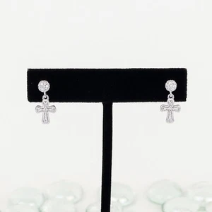 Diamond Cross Stud Earrings, 925 Sterling Silver, Dainty Dangling Stud Earrings - Picture 1 of 9
