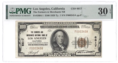 Ch. # 6617 1929 $100 Los Angeles, CA - Ty. 1 Farmers & Merchants NB, PMG 30 EPQ - Image 1 of 2