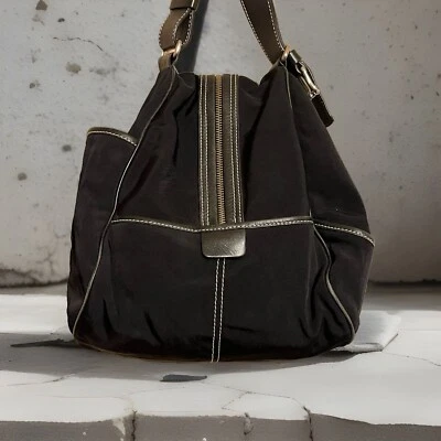 HOGAN Canvas Shoulder Bag Zipper Multiple Pockets Black Leather Handles Accents - Image 1 of 4