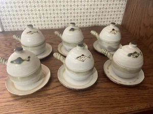 6 Neiman Marcus Pottery Soup Pots de Creme Cups Green Glaze Fish Bowl Lid Saucer - Picture 1 of 14
