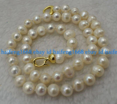 Echte 9-10mm Natürlich Weiß Süßwasser Kultiviert Runde Perle Halskette 18" - Bild 1 von 4