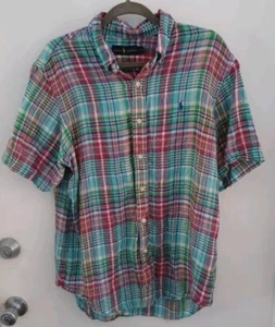 Polo Ralph Lauren Men's Large 100% Linen Button Shirt Plaid Blue Pony Preppy - Picture 1 of 5