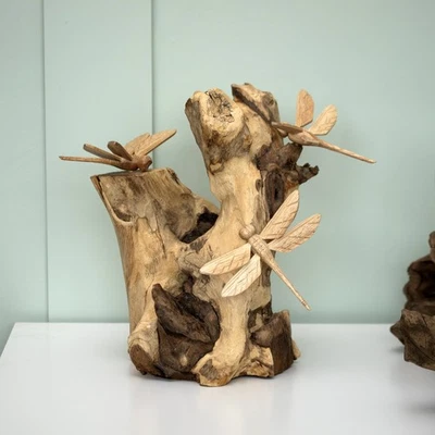 Teak Root Dragonfly Sculpture Wood Rustic Hand Carved Insect Tree Ornament Gift - Image 1 of 4