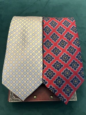 Set Of 2 Meeting Street Mens Silk Tie Blue/Gold Geometric Red/Blue Floral Design - Image 1 of 4