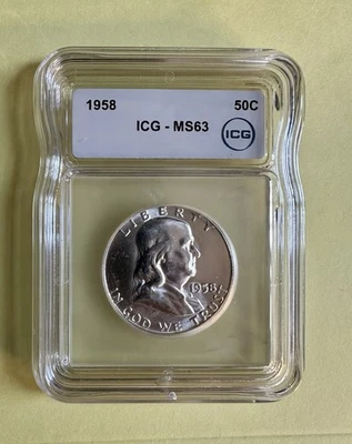 1958 Franklin Half Dollar – ICG MS63 – 90% Silver – Brilliant Uncirculated - Image 1 of 2