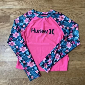 Hurley Shirt Girls Large Pink Flowers Rashguard Logo UV Protection Surfer Beach - Picture 1 of 8