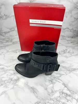 Marco Tozzi Botines Para Mujer UK 4 Cuero Negro Tacones Bloque Hebilla Cremallera Cuentas Foto 1 de 4
