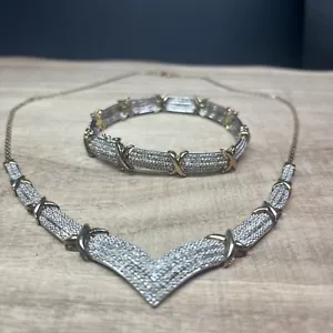Sterling Silver 925 Tennis Bracelet V Shaped Necklace Set Gold Tone X Diamonds - Picture 1 of 18