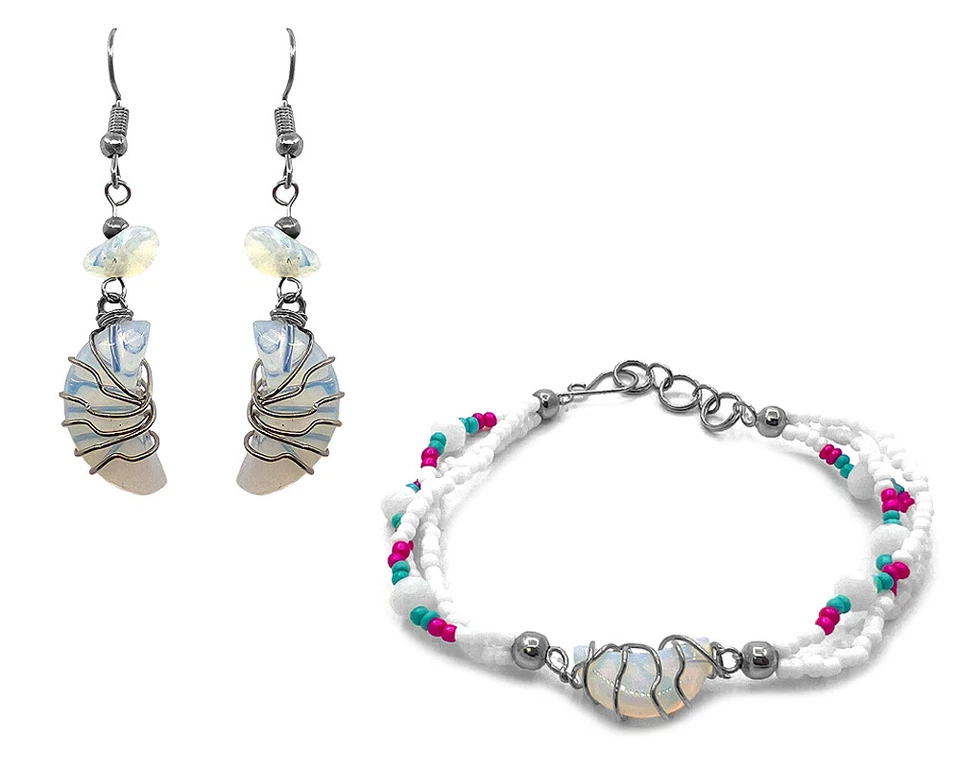 Conjunto de pendientes de piedra de luna envueltos pulsera a juego conjunto de joyas con cuentas de cristal regalos Foto 1 de 1