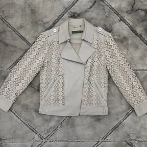 Mint Velvet Crochet Knit Lace Cream Biker Jacket - Size 8 UK Zipper Motorcycle - Picture 1 of 16