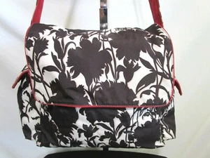 Oioi Black & White Floral Red Trim Nylon Large Crossbody Messenger Diaper Bag - Picture 1 of 12