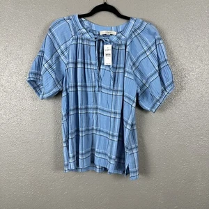 Loft Women’s Blue Plaid Flannel Blouse Peasant Top Short Sleeve Medium NWT - Picture 1 of 12