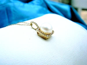 10k Gold Freshwater Pearl & Sapphire Halo Pendant Necklace - Picture 1 of 10