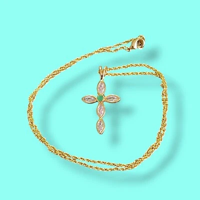 Collar Cruz Cristal y Esmeralda Real Placa Oro Cadena 17.5 pulgadas Foto 1 de 4