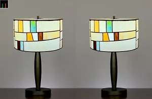 Pair of 2 JT Tiffany Stained Glass Contemporary Drum Style Bedside Table Lamp - Picture 1 of 9