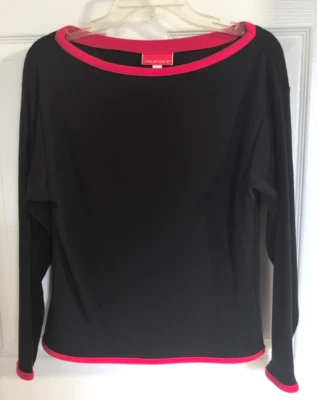 Suéter Top Cuello Barco Vintage Años 80 HALSTON III Negro con Borde Rojo 4 XS Hombro Caído Foto 1 de 4