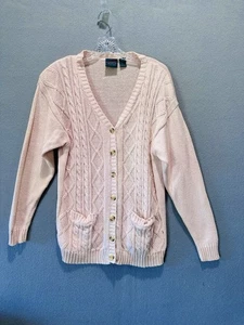 Cárdigan suéter tejido con cable rosa vintage para mujer talla L pequeños bolsillos preppy - Imagen 1 de 7