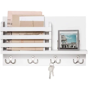 Wall Mounted Mail Holder Wooden Key Holder Rack with 4 Double Hooks White - Picture 1 of 4