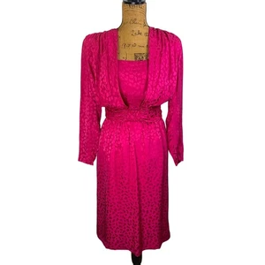WIM HEMMINK Vintage Pure Silk Hot Pink Button Back Gathered Waist Dress - Picture 1 of 19