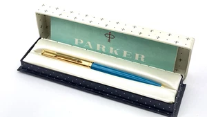 VINTAGE PARKER 61 CUSTOM BALLPOINT PEN IN BOX IN VISTA BLUE AND GOLD ENGLAND - Picture 1 of 10
