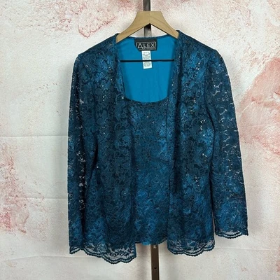 ALEX EVENINGS floral lace special occasion top size L holiday formal blue ombre - Image 1 of 4