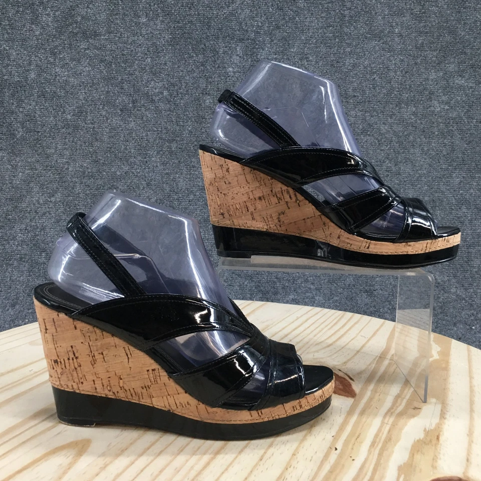 IMPO Sandals Womens 8 M Warwick Wedge Slingback Black Faux Leather Cork Casual - Image 1 of 4