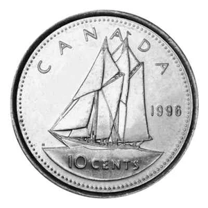 1996 CANADA 10 CENTS BRILLIANT UNCIRCULATED BLUENOSE DIME COIN - Picture 1 of 2