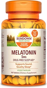 Sundown Melatonin 5mg Tablets, Drug Free Sleep Aid, Vegetarian Non-GMO, 90 Count - Picture 1 of 7