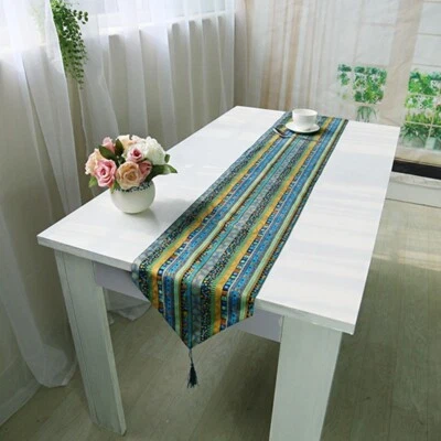 Ethnic Table Runner Boho Tasseled Edges Tablecloth Cotton Linen Table Cover Blue - Image 1 of 4