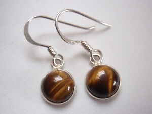 Tiger Eye Round 925 Sterling Silver Dangle Earrings small