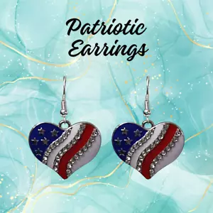 Patriotic Heart Earrings, 4th of July Earrings, America Earrings, USA Jewelry - Picture 1 of 10