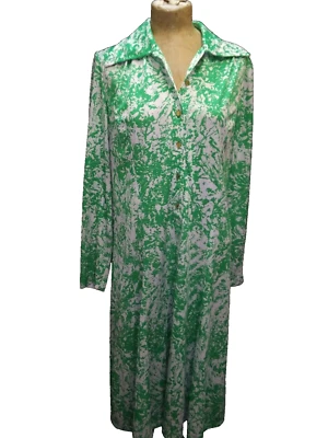 Vestido Vintage Años 70 Jersey Verde y Blanco Poli Mod por Cochecito Talla Grande Foto 1 de 4