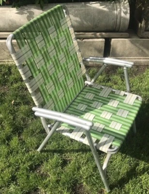 Vintage Lawn Chair Mid Century Aluminum Green Folding Chair Webbing VTG MCM Foto 1 de 4