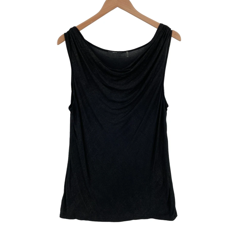 Camiseta sin mangas Tahari para mujer grande negra brillante viscosa sin mangas drapeada capucha cuello Foto 1 de 4