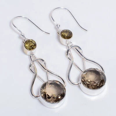 Smoky Quartz Gemstone Ethnic Handmade 925 Sterling Silver Earrings 2.2" j467 - Image 1 of 4