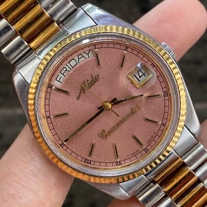 RARE Mido Commander Automatic Day/Date Salmon Dial Two Tone Vintage Men Watch - Picture 1 of 8