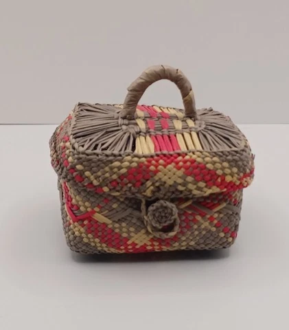 Vintage Weave Woven Pink Gray Blue Lidded Floor Basket Dollhouse Accessory Cover
