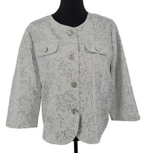 Ruby Rd. Blazer Women's 14 Metallic Silver 3/4 Sleeve Button Front Lightweight - Picture 1 of 14