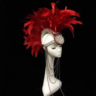 Rhinestone Feather Metal Chain Cockscomb Headdress Stage Performance Accessories - Image 1 of 4