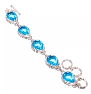 NATÜRLICHES TROPFENBLAU TOPAS 925 STERLINGSILBER KETTENARMBAND 7,5 ZOLL - Bild 1 von 3
