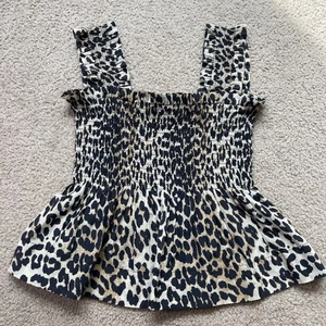 Ganni Womens Cotton Animal Print Smocked Sleeveless Blouse Top Size XS Leopard - Picture 1 of 6