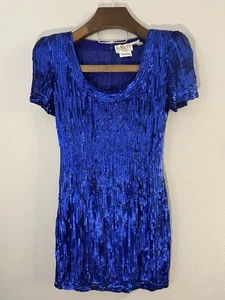 Oleg Cassini Black Tie Neiman Marcus Royal Blue Silk Sequin Bead Dress Size 8 - Picture 1 of 13