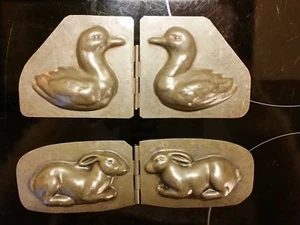 SOMMET PARIS 1907 TWO HINGED TIN PEWTER MOLDS RABBIT AND DUCK ANTIQUE - Afbeelding 1 van 9