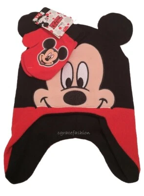 NEW Disney Mickey Mouse Face Boy Beanie 3D Ear Trapper Winter Hat Cap Mitten Set - Image 1 of 3