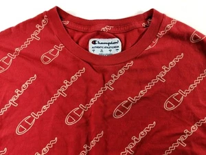 Vintage Champion All Over Print Logo Men Medium Short Sleeve Cotton T Shirt Red  - Picture 1 of 8