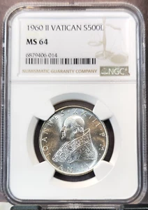 1960 VATICAN SILVER 500 LIRE S500L POPE JOHN XXIII NGC MS 64 BRIGHT BEAUTIFUL BU - Picture 1 of 3