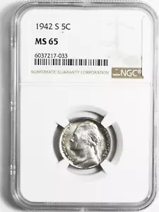 1942 S 5c Jefferson Silver War Time Nickel Five Cents NGC MS65 - Picture 1 of 2