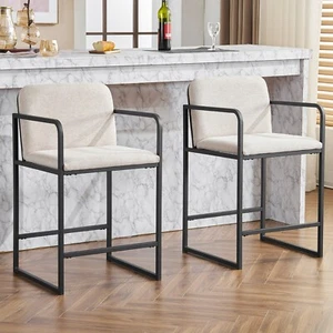 Set of 2 Upholstered Counter Height Bar Stool Modern Dining Chair w/ Armrests - Picture 1 of 23